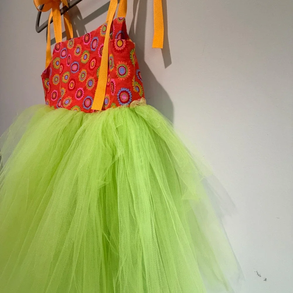 Moo Boos Tulle Tutu Dress Kids Size 6 Floral Neon Green Orange Fun Dressup Fairy